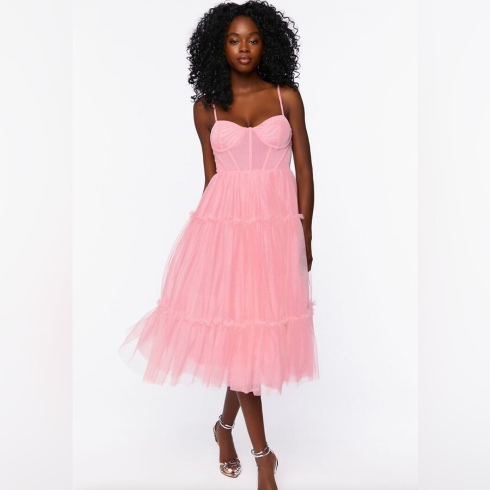 Tulle Ruffled Bustier Midi Dress in the Color Rosewater from Forever 21